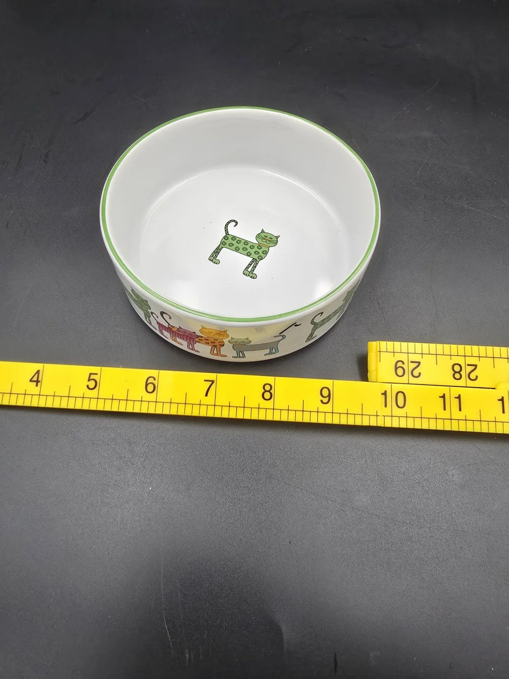 Ceramic Cat Bowl with Colorful Cat Design - Green Trim